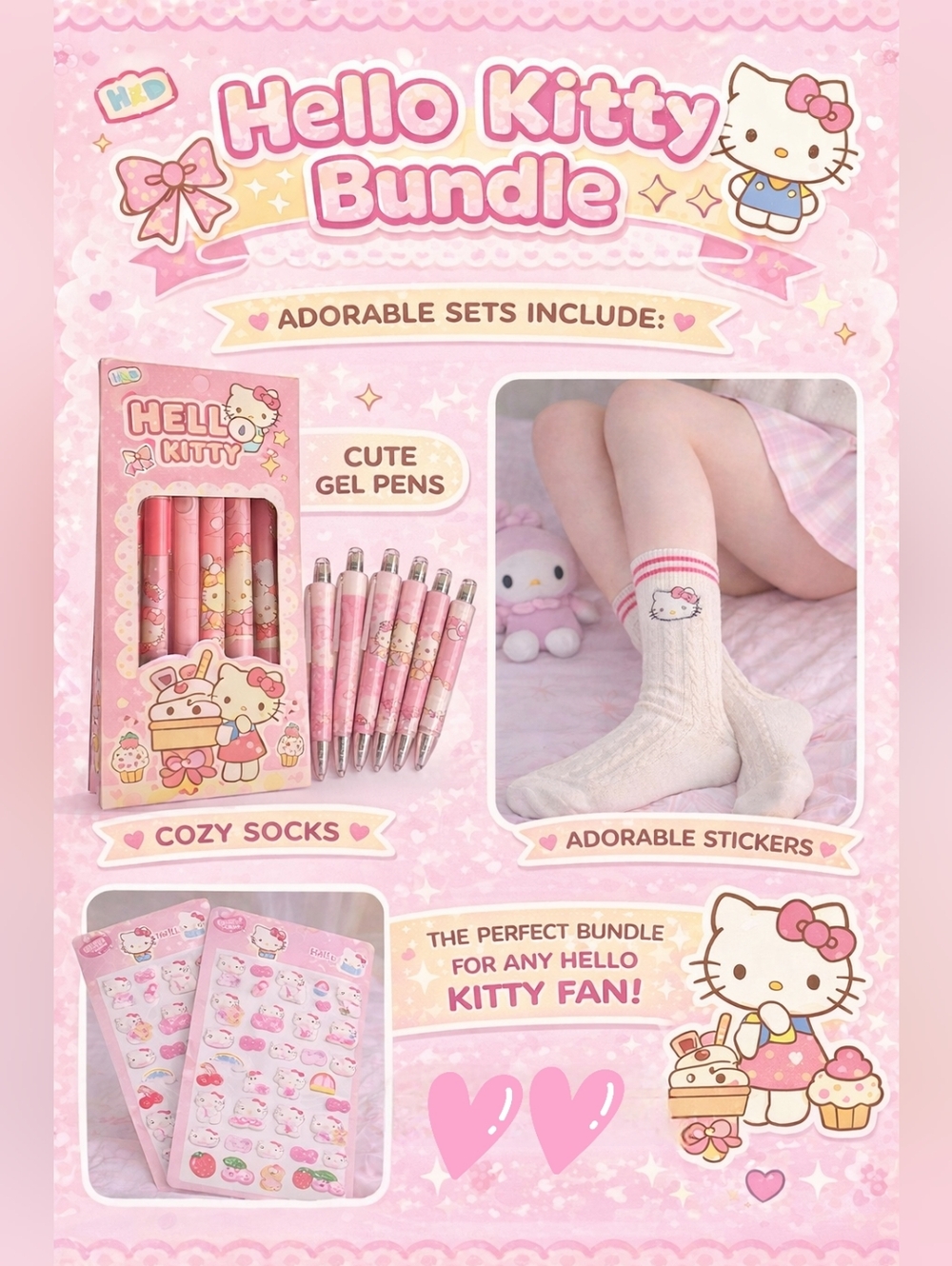 Hello Kitty Bundle 6 Gel Pens + Crew Socks + 2 Sets 40ct 3D Puffy Stickers Gift